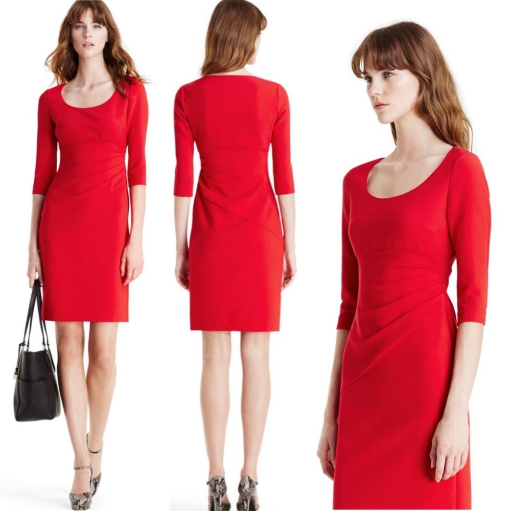 Diane von Furstenberg Lillian Red Sheath Dress 3/4 Sleeve Ruched 6 officecore